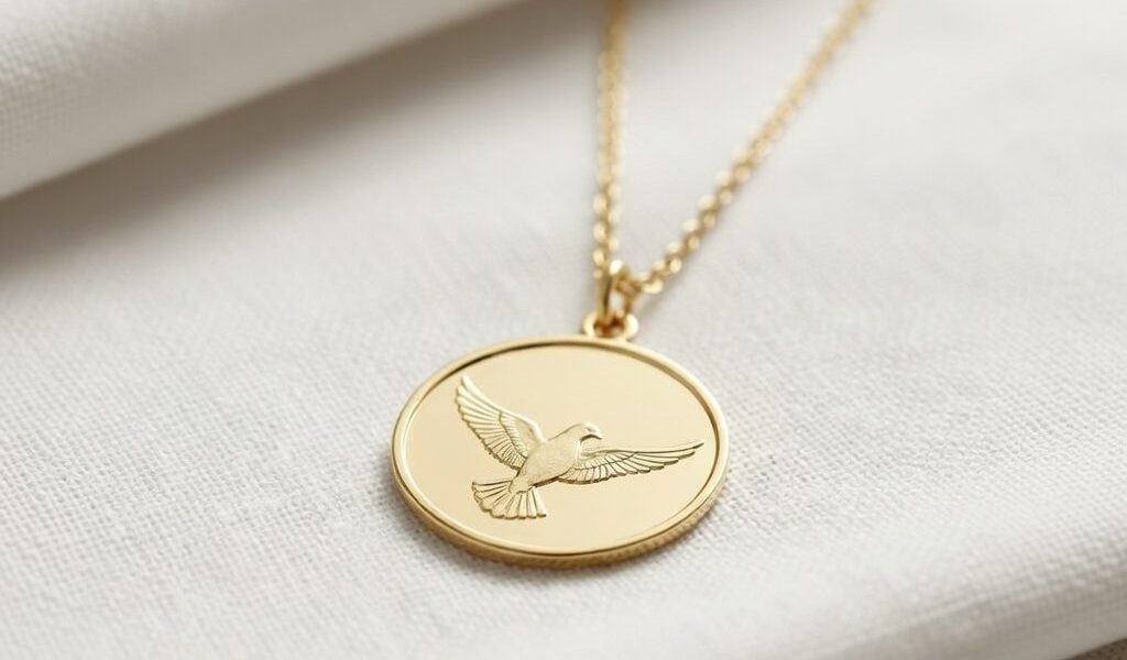 Médaille baptême colombe or jaune sur chaîne